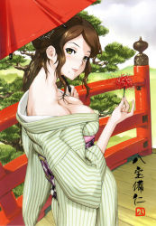 Rule 34 | 1girl, blush, breasts, bridge, brown hair, cleavage, cloud, collarbone, fingernails, flower, grass, green eyes, hair ornament, happoubi jin, highres, japanese clothes, kimono, lips, long hair, mole, mountain, open clothes, outdoors, sky, solo, standing, striped, sweet body, tree, umbrella