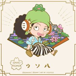 Rule 34 | 1boy, animal, animal on head, artist name, black hair, blue kimono, character name, chibi, commentary, curly hair, english commentary, eyelashes, facial hair, flip-flops, frog, full body, goatee, green hat, hakama, hakama pants, hand fan, hat, headphones, japanese clothes, kimono, lily pad, long nose, male focus, on head, one piece, pants, ponytail, sandals, smile, usopp, water lily flower, zzyzzyy