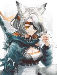 Rule 34 | 1girl, 3 (sanyako1), absurdres, animal ear fluff, animal ears, arknights, black nails, breasts, cleavage, closed mouth, collar, eyepatch, grey hair, hair over one eye, highres, large breasts, long sleeves, looking at viewer, nail polish, quartz (arknights), sheath, sheathed, short hair, smile, solo, sword, tail, underbust, upper body, weapon, weapon on back, yellow eyes