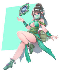 Rule 34 | 1girl, ankle boots, bare shoulders, belt, black hair, boots, breasts, cleavage, commentary, dress, earrings, elf, full body, green background, green belt, green dress, green footwear, hair ornament, hand up, high ponytail, highres, himeshaga, jewelry, large breasts, long hair, looking at viewer, mouth veil, paladins, pointy ears, ponytail, scroll, smile, solo, veil, white background, ying (paladins)