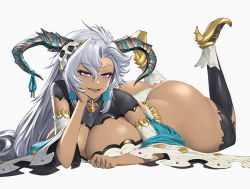 Rule 34 | 1girl, breasts, cleavage, curvy, dark-skinned female, dark skin, detached sleeves, dragon horns, draph, dress, fangs, fediel (granblue fantasy), full body, granblue fantasy, hair between eyes, high heels, highres, horns, large breasts, long hair, looking at viewer, open mouth, plump, purple eyes, shou illust, simple background, smile, solo, thick thighs, thighhighs, thighs, very long hair, white background