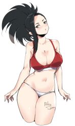 1girl artist_name bare_shoulders black_hair boku_no_hero_academia bra breasts cleavage collarbone cropped_legs green_eyes highres large_breasts medium_hair navel panties red_bra relaxjon solo stomach thighs underwear white_background white_panties yaoyorozu_momo