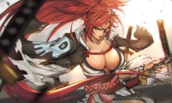 Rule 34 | 1girl, absurdres, baiken, blurry, blurry background, breasts, collarbone, commentary, eyepatch, facial mark, forehead mark, guilty gear, guilty gear strive, highres, japanese clothes, katana, large breasts, lips, long hair, looking at viewer, obi, parted lips, ponytail, red eyes, red hair, sash, scar, scar across eye, sheath, sheathed, shimetsukage, shiny skin, simple background, solo, sword, weapon
