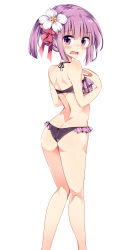 Rule 34 | 1girl, absurdres, ass, back, bare legs, bare shoulders, bikini, blunt bangs, blush, breasts, butt crack, feet out of frame, flower, frilled bikini, frills, from behind, hair flower, hair ornament, hair ribbon, halterneck, hieda no akyuu, highres, legs together, looking at viewer, looking back, maturiuta sorato, open mouth, purple bikini, purple eyes, purple hair, red ribbon, ribbon, shiny skin, short twintails, simple background, small breasts, solo, standing, swimsuit, touhou, twintails, white background