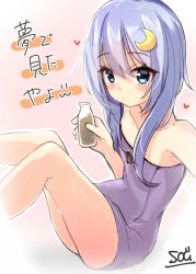 Rule 34 | 1girl, bottle, character name, chocolate milk, commentary request, crescent, crescent hair ornament, feet out of frame, hair ornament, kantai collection, naked towel, purple hair, purple towel, short hair, short hair with long locks, sitting, solo, sou (soutennkouchi), towel, translation request, yayoi (kancolle)