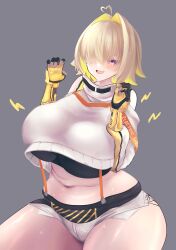 Rule 34 | 1girl, absurdres, ahoge, black gloves, black sports bra, blonde hair, blush, breasts, claw pose, clothing cutout, crop top, crop top overhang, cropped sweater, elegg (nikke), exposed pocket, gloves, goddess of victory: nikke, grey shorts, hair intakes, hair over eyes, hamuhanama, highres, huge breasts, large breasts, long bangs, long sleeves, micro shorts, multicolored clothes, multicolored gloves, multicolored hair, navel, open mouth, plump, purple eyes, short hair, shorts, shoulder cutout, sitting, solo, sports bra, suspender shorts, suspenders, thick thighs, thighs, two-tone hair, yellow gloves