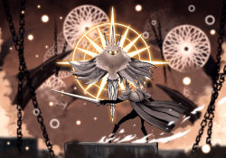 Rule 34 | advarcher, armor, bad id, bad pixiv id, cape, chain, commission, confrontation, faceoff, floating, from behind, glowing, glowing eyes, highres, holding, holding sword, holding weapon, hollow knight, hollow knight (character), looking at another, no humans, radiance (hollow knight), standing, sword, weapon, yellow eyes