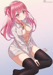 Rule 34 | 1girl, absurdres, black thighhighs, blouse, blush, breasts, cleavage, collared shirt, commentary, dress shirt, gradient background, hair ornament, hairclip, highres, kim nag-seo, long hair, looking at viewer, navel, no bra, one side up, original, pink background, pink hair, shirt, sitting, solo, sweat, thighhighs, thighs, white shirt