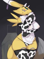 Rule 34 | 1girl, absurdres, animal ears, animal nose, animal print, bad id, bad twitter id, black background, black sclera, blue eyes, body fur, breasts, closed mouth, colored sclera, cow print, detached sleeves, digimon, digimon (creature), digimon tamers, furry, furry female, highres, kame (3t), large breasts, looking at viewer, navel, no nipples, nude, print sleeves, print thighhighs, renamon, snout, solo, standing, tail, thighhighs, white sleeves, white thighhighs