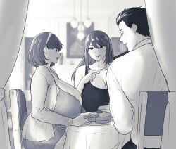 Rule 34 | 1boy, 2girls, absurdres, black hair, breasts, chair, cleavage, closed mouth, curtains, erkaz, food, fork, gigantic breasts, greyscale, hairband, highres, huge breasts, indoors, long hair, monochrome, multiple girls, original, plate, rina&#039;s mother (erkaz), rina atherina, short hair, table