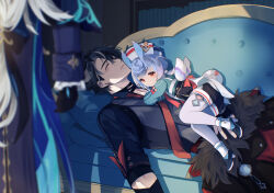Rule 34 | 1girl, 2boys, black hair, blue hair, closed eyes, couch, genshin impact, hat, highres, looking at another, lying, lying on another, multicolored hair, multiple boys, neuvillette (genshin impact), on back, on couch, on stomach, orange eyes, shorts, sigewinne (genshin impact), sleeping, streaked hair, tanuki nishi, white hair, wriothesley (genshin impact)