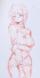 Rule 34 | 1girl, arm under breasts, breasts, closed mouth, faust (project moon), large breasts, limbus company, long sleeves, looking at viewer, monochrome, moth ram, pants, project moon, ribbed sweater, short hair, simple background, solo, sweater, traditional media, turtleneck