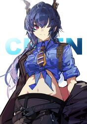 Rule 34 | 1girl, arknights, black jacket, black pants, blue hair, blue shirt, ch&#039;en (after storm) (arknights), ch&#039;en (arknights), character name, chiriejjiyo, commentary, dragon horns, highres, horns, jacket, long hair, midriff, navel, official alternate costume, open clothes, open jacket, pants, red eyes, shirt, solo, tied shirt, upper body
