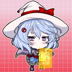 Rule 34 | 1girl, blue dress, blue hair, blush, bow, brooch, capelet, chibi, choker, construction sign (ole tower), dress, electric sign board (ole tower), eruru (erl), gem, hat, hat bow, highres, holographic interface, jewelry, looking at viewer, ole tower, outline, red background, red bow, sash, short hair, simple background, solo, standing, witch hat