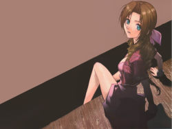 Rule 34 | 1990s (style), 1girl, aerith gainsborough, blue eyes, brown hair, cropped jacket, dress, female focus, final fantasy, final fantasy vii, highres, long hair, nitta kumi, retro artstyle, ribbon, sitting, solo