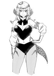 Rule 34 | 1girl, au ra, bow, bowtie, breasts, cleavage, closed mouth, detached sleeves, final fantasy, final fantasy xiv, fishnet pantyhose, fishnets, greyscale, hand on own hip, highres, horns, ishii hisao, large breasts, long hair, looking at viewer, midriff, monochrome, monster girl, navel, nontraditional playboy bunny, pantyhose, scales, simple background, smile, solo, tail, warrior of light (ff14), white background