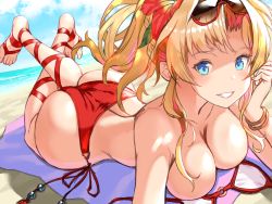 Rule 34 | 1girl, ankle lace-up, ankle ribbon, ariso kaoru, ass, barefoot, bikini, blonde hair, blue eyes, blush, braid, breasts, butt crack, cleavage, closed mouth, cross-laced footwear, eyewear on head, granblue fantasy, hair intakes, hair ornament, hairband, highres, large breasts, leg ribbon, long hair, looking at viewer, lying, on stomach, ribbon, side-tie bikini bottom, simple background, smile, solo, string bikini, sunglasses, sunglasses on head, swimsuit, topless, twintails, zeta (granblue fantasy), zeta (summer) (granblue fantasy)