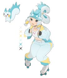 Rule 34 | 1girl, belt, black eyes, black gloves, blue hair, blue headwear, blue jacket, blue pants, blush, clenched hands, collarbone, commentary, creature and personification, creatures (company), crop top, english commentary, fingerless gloves, game freak, gen 4 pokemon, gloves, hair ornament, highres, jacequilart, jacket, knees together feet apart, lightning bolt symbol, low-tied sidelocks, midriff, multicolored hair, nintendo, open clothes, open jacket, pachirisu, pants, personification, pokemon, ponytail, roller skates, see-through, see-through headwear, shirt, sidelocks, skates, teeth, thick eyebrows, two-tone hair, upper teeth only, visor cap, white belt, white footwear, white hair, white shirt, zipper pull tab