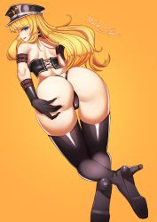 Rule 34 | 00s, 1girl, :p, arm belt, artist name, ass, ass grab, back, bare shoulders, belt, belt buckle, black footwear, black gloves, black hat, black panties, black thighhighs, blonde hair, blue eyes, buckle, bustier, collar, cross-laced clothes, crossed ankles, daydream (zhdkffk21), dominatrix, dungeon and fighter, eyebrows, eyelashes, female gunner (dungeon and fighter), from behind, gloves, grabbing own ass, hand on own ass, hat, high heels, highres, kneeling, long hair, looking at viewer, looking back, maria tr, orange background, panties, peaked cap, profile, shiny clothes, shiny skin, shoes, simple background, smile, solo, spiked collar, spikes, spread ass, strapless, thigh gap, thighhighs, thong, tongue, tongue out, underwear, underwear only, very long hair