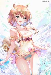 Rule 34 | 1girl, absurdres, arm garter, ayunda risu, bare shoulders, bikini, bikini bottom only, blush, breasts, brown hair, camisole, cleavage, cowboy shot, gluteal fold, green eyes, highres, hololive, hololive indonesia, looking ahead, looking at viewer, low twintails, medium breasts, medium hair, open mouth, revision, smile, solo, sowon, squirrel tail, straight-on, swimsuit, tail, thighs, twintails, twitter username, underwater, virtual youtuber, water, white camisole