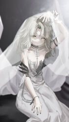 1girl alternate_costume arm_up black_nails commentary dress erma_(girls&#039;_frontline) girls&#039;_frontline grey_hair hand_up highres kisetsu looking_at_viewer medium_hair sitting solo veil white_dress white_veil yellow_eyes