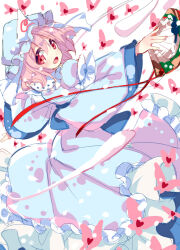 Rule 34 | 1girl, blue hat, commentary request, folding fan, hand fan, hat, holding, holding fan, long sleeves, looking at viewer, mob cap, nagare, open mouth, pink eyes, pink hair, saigyouji yuyuko, short hair, simple background, solo, touhou, triangular headpiece, white background, wide sleeves