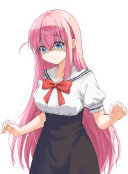 Rule 34 | 1girl, black skirt, blue eyes, bocchi the rock!, bow, breasts, closed mouth, commentary, cowboy shot, gotoh hitori, hair between eyes, hands up, high-waist skirt, highres, long hair, looking down, m kong, medium breasts, pink hair, puffy short sleeves, puffy sleeves, red bow, sailor collar, school uniform, shaded face, shirt, short sleeves, simple background, skirt, solo, sweatdrop, white background, white sailor collar, white shirt