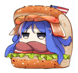 Rule 34 | 1girl, american flag, bacon, blue hair, blush stickers, food, grey eyes, kantai collection, long hair, multicolored hair, red hair, sandwich, simple background, solo, south dakota (kancolle), star (symbol), tentacles, tomato, tomato slice, tsuji kazuho, white background, white hair