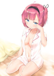 Rule 34 | 1girl, absurdres, blue eyes, breasts, cleavage, collarbone, commentary request, hair ribbon, hairband, highres, medium breasts, mochizuki momiji, naked shirt, navel, new game!, no bra, open clothes, open shirt, pink hair, racchi., ribbon, shirt, short hair, sitting, solo