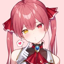 Rule 34 | 1girl, arrow through heart, bare shoulders, blush, brooch, closed mouth, commentary request, covered collarbone, finger to cheek, gloves, hair between eyes, hair ribbon, head tilt, heart, heterochromia, highres, hololive, houshou marine, index finger raised, jewelry, long hair, looking at viewer, pink background, portrait, red eyes, red hair, red ribbon, ribbon, simple background, solo, spoken heart, tauta (meshia8787), twintails, virtual youtuber, white gloves, yellow eyes