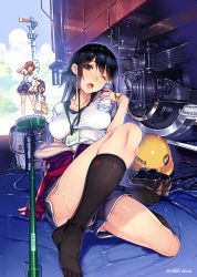 Rule 34 | 3girls, ;o, arm up, artist name, black hair, black socks, blue shorts, bottle, bottle to cheek, breasts, brown eyes, brown footwear, brown hair, bucket, camera, clothes around waist, collarbone, commentary request, contrapposto, day, feet, green eyes, hairband, hand on own head, hand on own hip, helmet, holding, holding bottle, jacket, jacket around waist, kneehighs, loafers, md5 mismatch, medium breasts, mob, multiple girls, name tag, on one knee, one eye closed, open clothes, open jacket, open mouth, original, outdoors, red jacket, resolution mismatch, revision, shirt, shoes, unworn shoes, short hair, shorts, sitting, skindentation, socks, sweatdrop, taking picture, train, unzipped, vania600, water bottle, white shirt