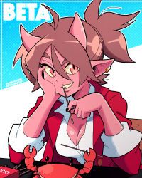 Rule 34 | 1girl, beta (beta&#039;s inferno), black nails, borrowed character, breasts, brown hair, cleavage, collared shirt, colored skin, crab, earrings, food, hair between eyes, hands up, highres, horns, jacket, jewelry, long sleeves, looking at viewer, nail polish, original, outline, parted lips, pink eyes, pink skin, pocky, pointy ears, ponytail, red jacket, scott malin, shirt, smile, solo, upper body, watermark, web address, white outline, white shirt