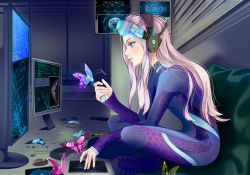 Rule 34 | 1girl, blue eyes, bodysuit, breasts, bug, butterfly, computer, cyberpunk, glowing, goggles, headphones, insect, latex, long hair, machine, monitor, music, original, pale skin, pink hair, science fiction, self-upload, sitting, small breasts, smile, solo, tablet, uniform