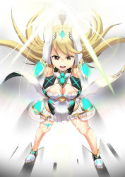 Rule 34 | 1girl, bare legs, bare shoulders, blonde hair, breasts, chest jewel, cleavage, cleavage cutout, clothing cutout, dress, earrings, elbow gloves, gloves, highres, jewelry, large breasts, long hair, magicalbroom, mythra (xenoblade), short dress, solo, swept bangs, thigh strap, tiara, very long hair, white dress, white footwear, white gloves, xenoblade chronicles (series), xenoblade chronicles 2, yellow eyes