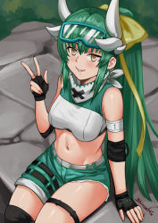 Rule 34 | 1girl, blush, breasts, dragon girl, dragon horns, fate/grand order, fate (series), green hair, grin, highres, horns, kiyohime (fate), long hair, looking at viewer, medium breasts, multiple horns, ponytail, shinsaku (stan-art), sitting, smile, solo, thighs, v, yellow eyes