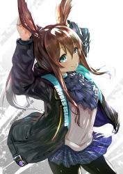 Rule 34 | 1girl, amiya (arknights), animal ears, arknights, arms up, artist name, ascot, black jacket, black pantyhose, blue ascot, blue eyes, blue skirt, blush, brown hair, commentary request, cowboy shot, hair between eyes, highres, jacket, long hair, long sleeves, looking at viewer, microskirt, open clothes, open jacket, pantyhose, partial commentary, plaid, plaid skirt, pleated skirt, ponytail, rabbit ears, rabbit pose, shirt, skirt, smile, solo, standing, twitter username, uenoryoma, white background, white shirt