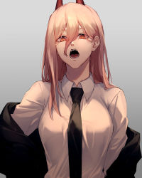 Rule 34 | + +, 1girl, black jacket, black necktie, breasts, chainsaw man, collared shirt, commentary, cross-shaped pupils, demon horns, dress shirt, fangs, grey background, hair between eyes, highres, hinamaru, horns, jacket, long hair, looking at viewer, medium breasts, necktie, off shoulder, open clothes, open jacket, open mouth, pink hair, power (chainsaw man), red eyes, sharp teeth, shirt, simple background, solo, symbol-shaped pupils, teeth, tongue, upper body, white shirt, wing collar