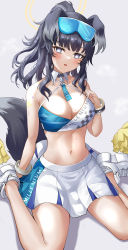 Rule 34 | 1girl, absurdres, animal ears, bare shoulders, blue archive, blush, breasts, cheerleader, cleavage, criss-cross halter, crop top, detached collar, dog ears, dog girl, dog tail, eyewear on head, facial mark, goggles, goggles on head, halo, halterneck, hibiki (blue archive), hibiki (cheer squad) (blue archive), highres, holding, holding pom poms, large breasts, lds (dstwins97), long hair, looking at viewer, millennium cheerleader outfit (blue archive), navel, official alternate costume, open mouth, parted lips, pleated skirt, pom pom (cheerleading), pom poms, revision, shoes, simple background, sitting, skirt, sneakers, solo, star (symbol), star facial mark, sticker on arm, sticker on face, tail, text print, thighs, wariza, white background, white footwear, white skirt