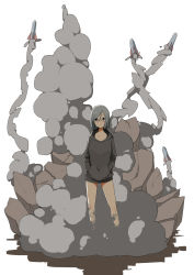 Rule 34 | 1girl, breasts, closed mouth, commentary request, dot nose, glasses, grey eyes, grey hair, grey sweater, hands in pockets, highres, hood, hooded sweater, large breasts, looking to the side, no pants, rocket, sente, short hair, simple background, smoke, solo, standing, sweater, white background
