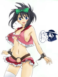 Rule 34 | 2girls, anetai toyone, bare shoulders, black hair, blue eyes, bow, cuffs, flat chest, hair bow, hip vent, kunihiro hajime, michael f91, multiple girls, navel, open mouth, revealing clothes, saki (manga), shackles, short hair, smile, translation request