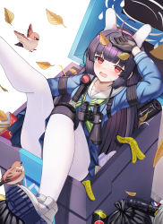 Rule 34 | 1girl, @ @, absurdres, ahoge, animal ears, banana peel, binoculars, bird, black gloves, black hair, blue archive, blue shirt, blush, fake animal ears, gloves, hairband, halo, highres, in container, knee pads, leaf, leaf on head, long hair, looking at viewer, melreon, miyu (blue archive), open mouth, pantyhose, pepsi, product placement, rabbit ears, red eyes, sailor collar, shirt, shoes, simple background, single knee pad, sneakers, tearing up, thighs, trash can, white background, white pantyhose