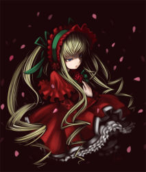 Rule 34 | 00s, 1girl, blonde hair, blue eyes, bonnet, capelet, dress, drill hair, expressionless, frills, hand on own chest, inemuri uno, md5 mismatch, red dress, rozen maiden, shinku, sidelocks, solo, twin drills, twintails, upper body