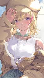 Rule 34 | 1girl, blonde hair, blush, buttons, guchico, hair between eyes, hand on headwear, hat, highres, hololive, jacket, long sleeves, looking at viewer, multicolored hair, off shoulder, omaru polka, omaru polka (street casual), open clothes, open jacket, pink hair, purple eyes, shirt, sleeveless, sleeveless shirt, smile, solo, split mouth, streaked hair, upper body, virtual youtuber, white shirt