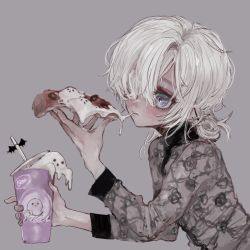 Rule 34 | absurdres, barbell piercing, blue eyes, cup, disposable cup, drinking straw, ear piercing, eating, food, ghost, grey background, hair over one eye, highres, holding, holding cup, holding food, leaning forward, milqone, original, piercing, pizza, simple background, white hair