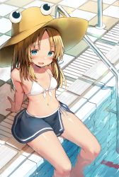Rule 34 | 1girl, absurdres, arm support, bikini, bikini skirt, blonde hair, blue eyes, breasts, brown hat, commentary request, hat, highres, long hair, looking at viewer, mamemochi, moriya suwako, navel, open mouth, partially submerged, pool, sitting, small breasts, smile, solo, swimsuit, touhou, water, white bikini