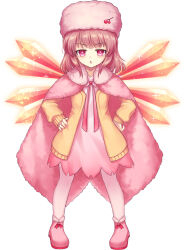 Rule 34 | 1girl, akinomiya asuka, cape, cardigan, cherry print, commentary request, dress, fairy, food print, full body, fur hat, hands on own hips, hat, infinite blade pavilion, looking at viewer, medium hair, neck ribbon, open cardigan, open clothes, open mouth, original, pantyhose, papakha, pink cape, pink dress, pink eyes, pink footwear, pink hair, pink hat, pink pantyhose, pink ribbon, ribbon, simple background, snow cordie, solo, standing, tachi-e, touhou, white background, wings, yellow cardigan