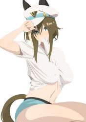 Rule 34 | 1girl, absurdres, alternate costume, animal ears, arm up, blue eyes, blue shorts, breasts, brown hair, cheval grand (umamusume), clothes pull, commentary request, ear covers, hair between eyes, hat, highres, horse ears, horse girl, horse tail, kumabachi315, medium breasts, medium hair, midriff, multicolored hair, navel, peaked cap, shirt, shirt pull, shorts, simple background, sitting, solo, streaked hair, tail, umamusume, white background, white hair, white headwear, white shirt