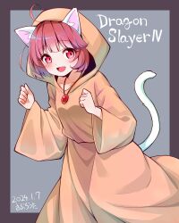 Rule 34 | 1girl, animal ears, border, brown border, brown robe, cat ears, cat girl, cat tail, clenched hands, commentary request, dragon slayer iv drasle family, fang, gem, grey background, hood, hood up, jewelry, mayu (dragon slayer), necklace, open mouth, outside border, red eyes, red gemstone, red hair, robe, saburouta (hox-666), short hair, tail, tongue, white fur