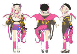 Rule 34 | 1girl, asymmetrical legwear, back, bad id, bad pixiv id, bare shoulders, beret, black gloves, black headwear, black jacket, blonde hair, breasts, character sheet, choker, cleavage, clothes writing, commentary request, dragon girl, dragon horns, dragon tail, dragon wings, from behind, full body, gloves, hat, horns, jacket, large breasts, looking at viewer, midriff, multicolored hair, multiple views, nail polish, navel, original, pink choker, pink thighhighs, pleated skirt, profile, purple skirt, r project, red eyes, red hair, satou daiji, short hair, side ponytail, simple background, single glove, single thighhigh, skirt, standing, tail, thighhighs, tsuzura amo, two-tone hair, uneven legwear, virtual youtuber, white background, wings