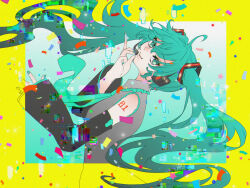 Rule 34 | 1girl, blush, chromatic aberration, confetti, detached sleeves, eyelashes, glitch, green eyes, green hair, green nails, hatsune miku, headphones, headset, highres, long hair, microphone, nail polish, necktie, r18ankou, shoulder tattoo, smile, solo, tattoo, twintails, vocaloid, yellow background